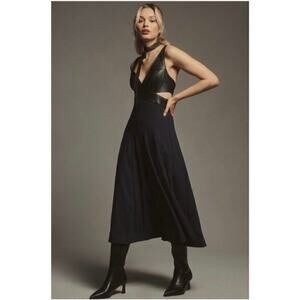 ANTHROPOLOGIE Faux Leather Cut-Out Sleeveless V-Neck A-LIne Midi Dress, Size 4